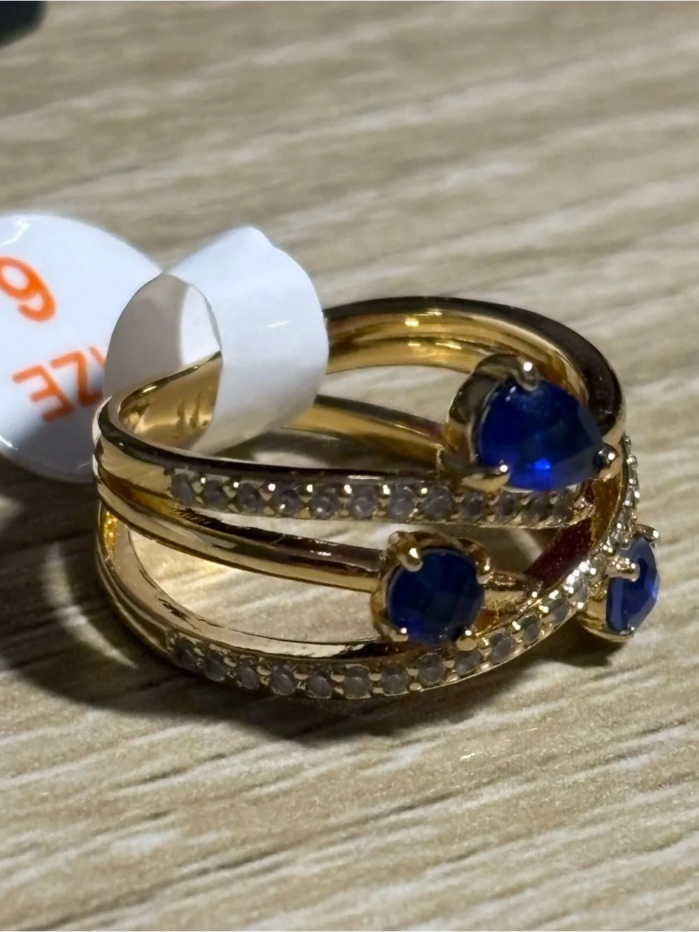 Gold Tone Blue & Clear Stone Wrap Ring – Size 6